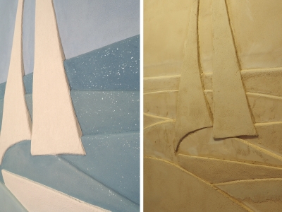 Detail finálního povrchu a pracovního hrubšího povrchu dokumentuje rozličné možnosti použití, ale také působení hliněných omítek. Více informací o obraze zde v BioGalerii. 